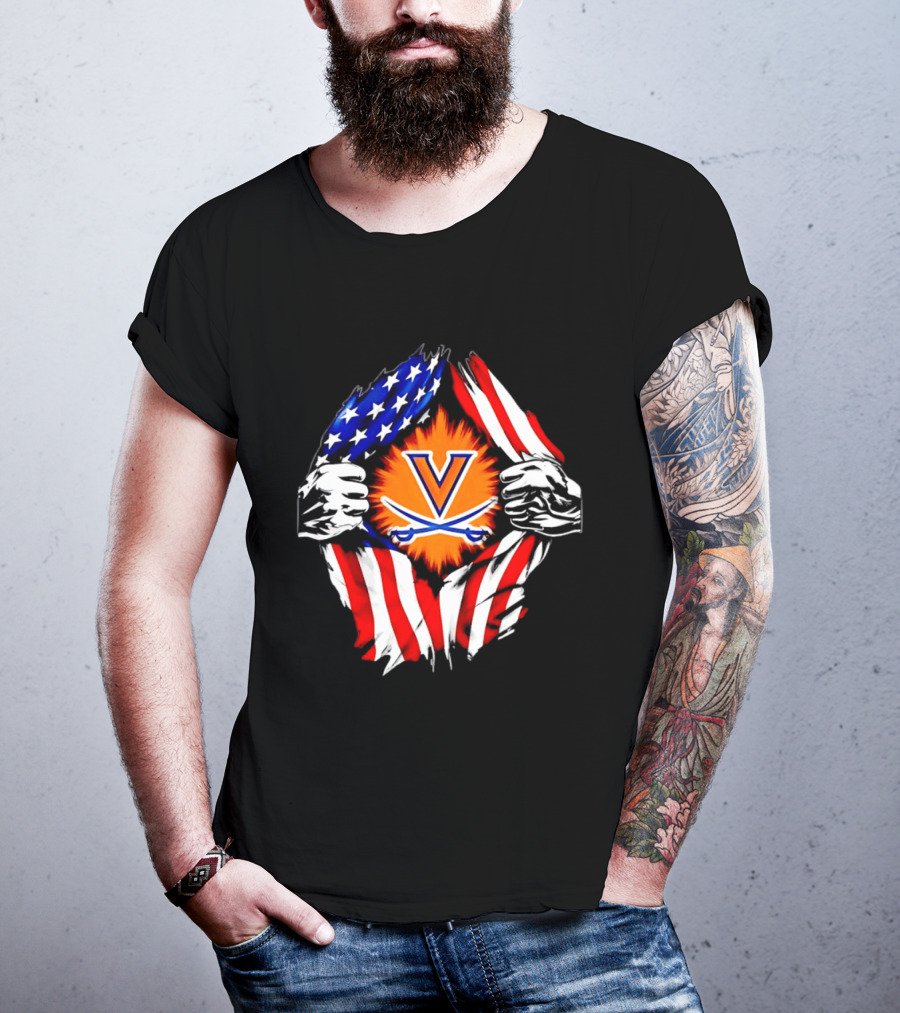 Virginia Cavaliers American Flag Ripped Chest V T-Shirt