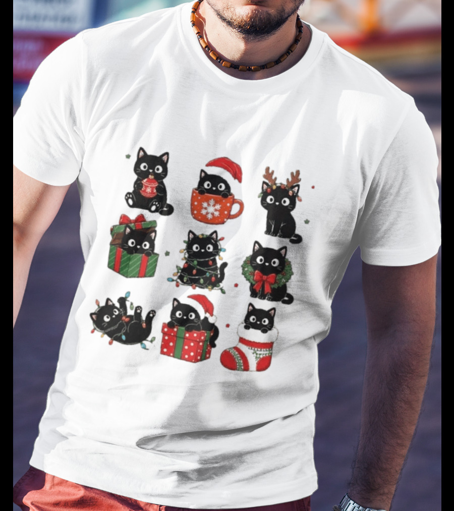 Black Cats Christmas Grid T-Shirt