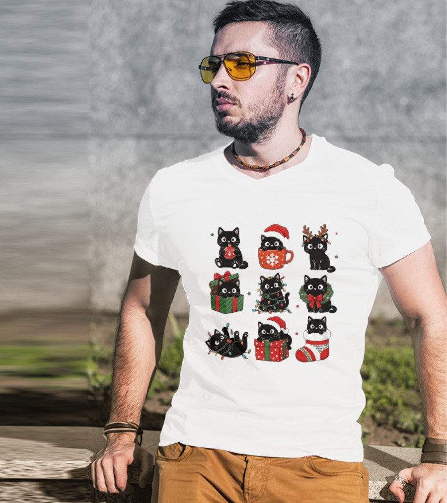 Black Cats Christmas Grid T-Shirt