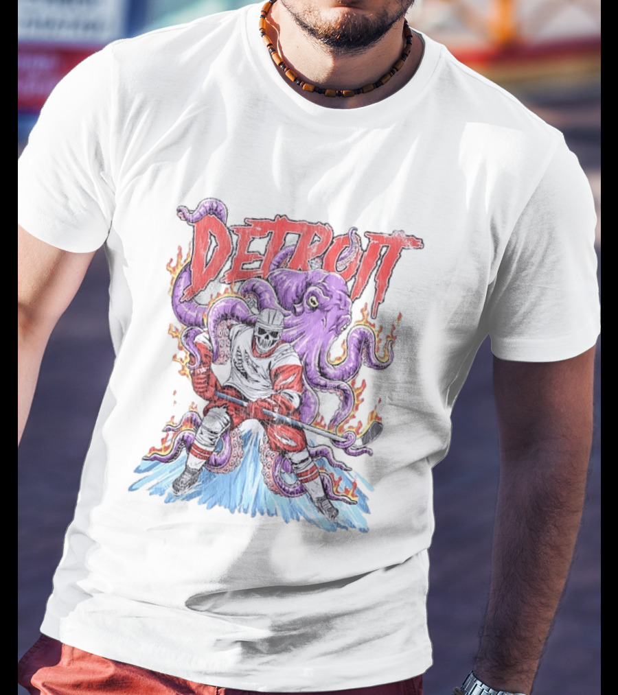 Detroit Red Wings Skeleton Hockey Octopus Distressed T-Shirt