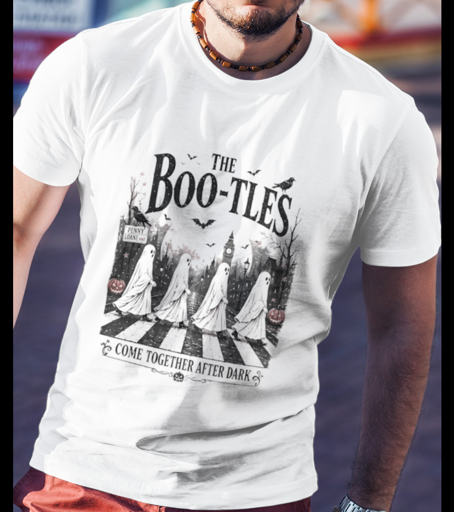 The Boo Tles Come Together After Dark Halloween Ghostly Abbey Road Bats Pumpkins T-Shirt