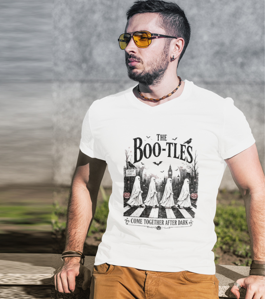 The Boo Tles Come Together After Dark Halloween Ghostly Abbey Road Bats Pumpkins T-Shirt