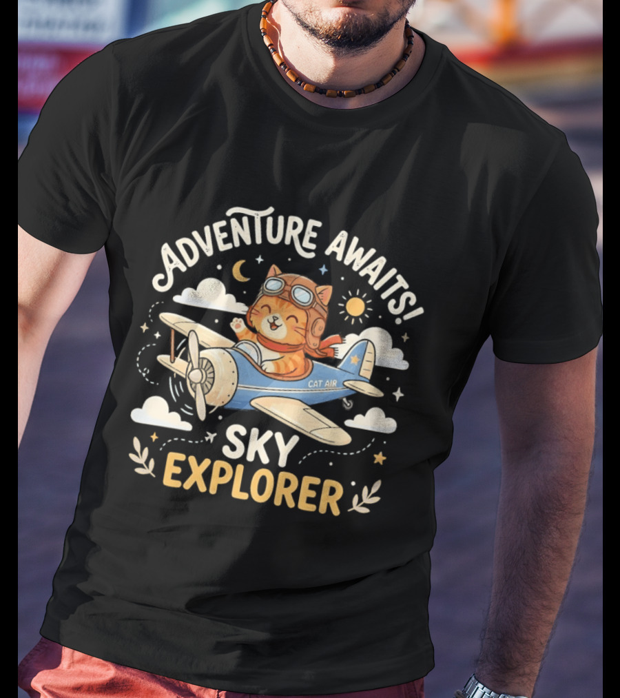 Adventure Awaits Cat Sky Explorer Airplane T-Shirt