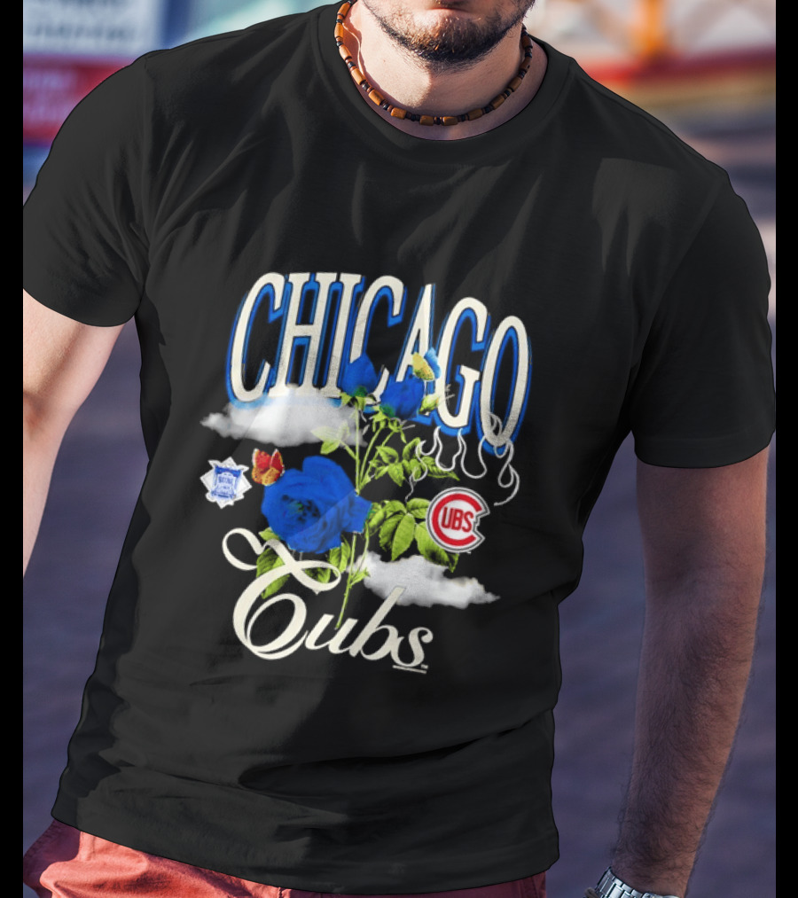 Chicago Cubs National League Blue Floral Rose Clouds T-Shirt