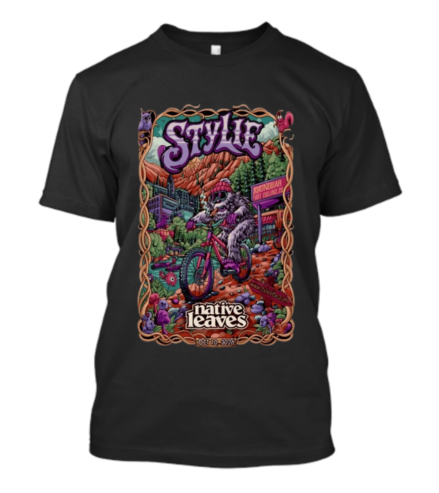Stylie Native Leaves Yeti Mountain Biking Sound Bar Fort Collins Oct 10 2026 T-Shirt