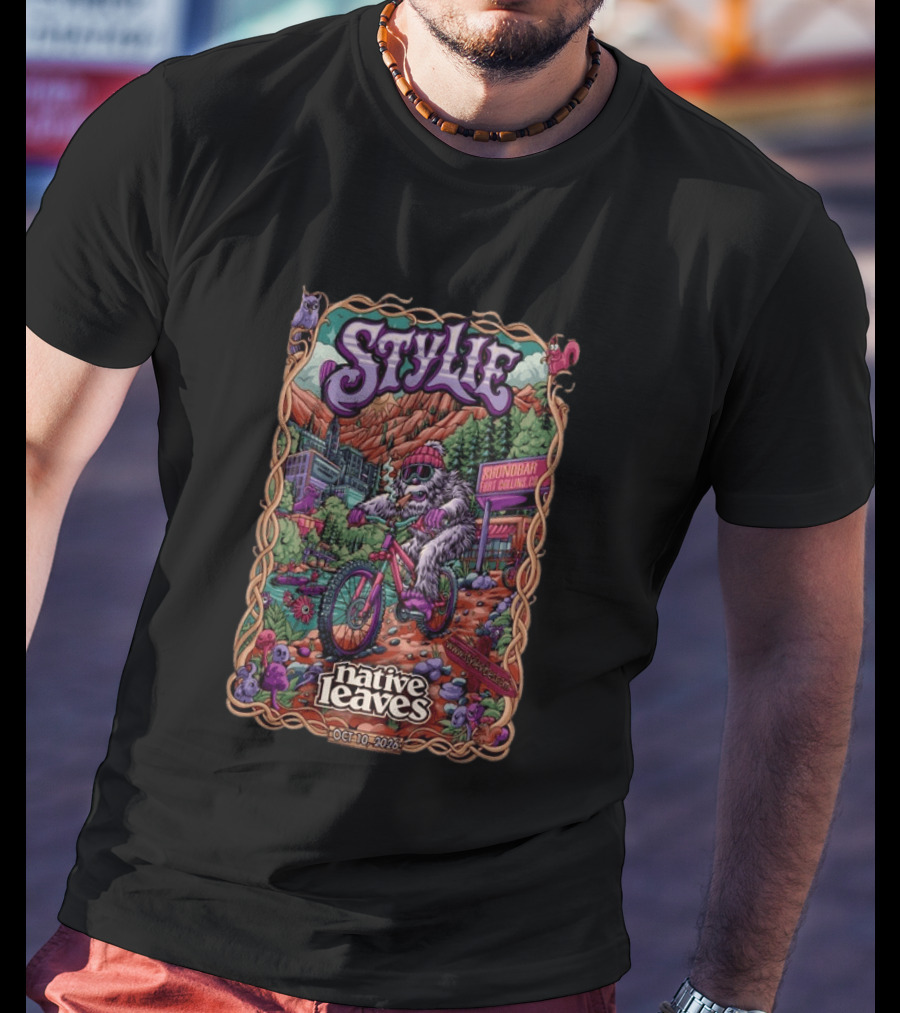 Stylie Native Leaves Yeti Mountain Biking Sound Bar Fort Collins Oct 10 2026 T-Shirt