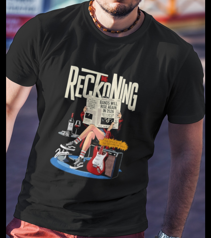 The Reckoning Bands Will Rise Again 2026 Woman Reading Newspaper Red Electric Guitar Amp T-Shirt