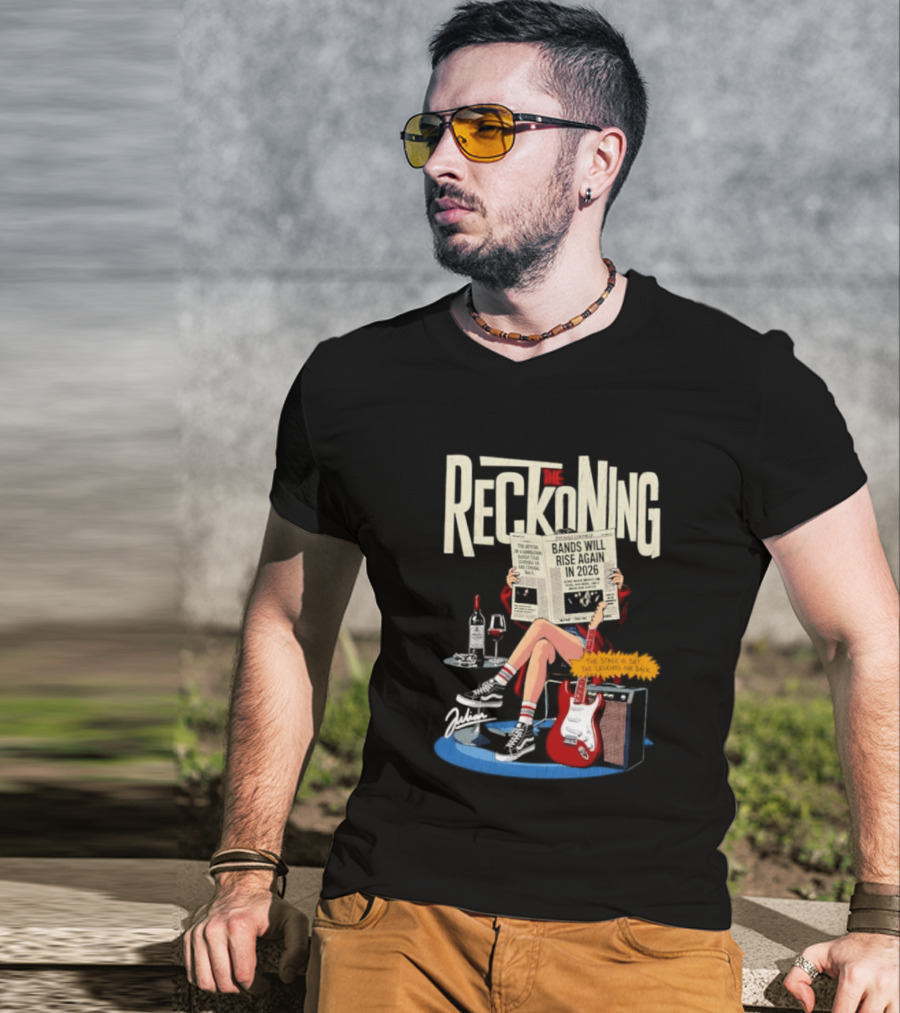 The Reckoning Bands Will Rise Again 2026 Woman Reading Newspaper Red Electric Guitar Amp T-Shirt