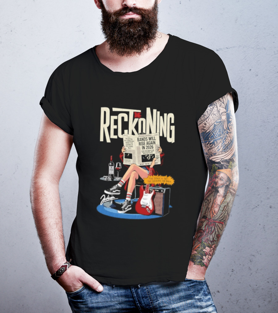 The Reckoning Bands Will Rise Again 2026 Woman Reading Newspaper Red Electric Guitar Amp T-Shirt
