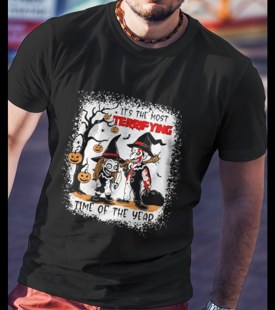 It's The Most Terrifying Time Of The Year Halloween Witch And Clown Axe Pumpkin T-Shirt