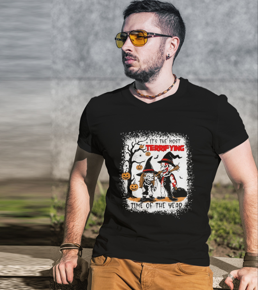 It's The Most Terrifying Time Of The Year Halloween Witch And Clown Axe Pumpkin T-Shirt