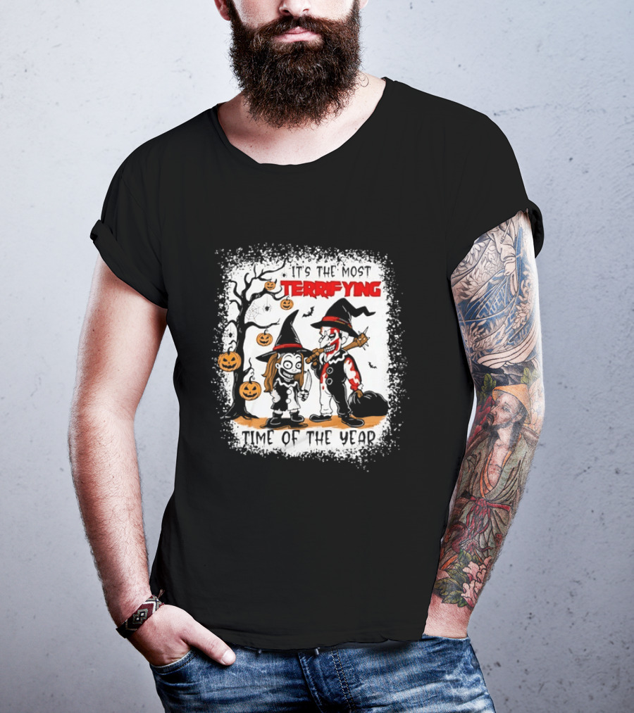 It's The Most Terrifying Time Of The Year Halloween Witch And Clown Axe Pumpkin T-Shirt