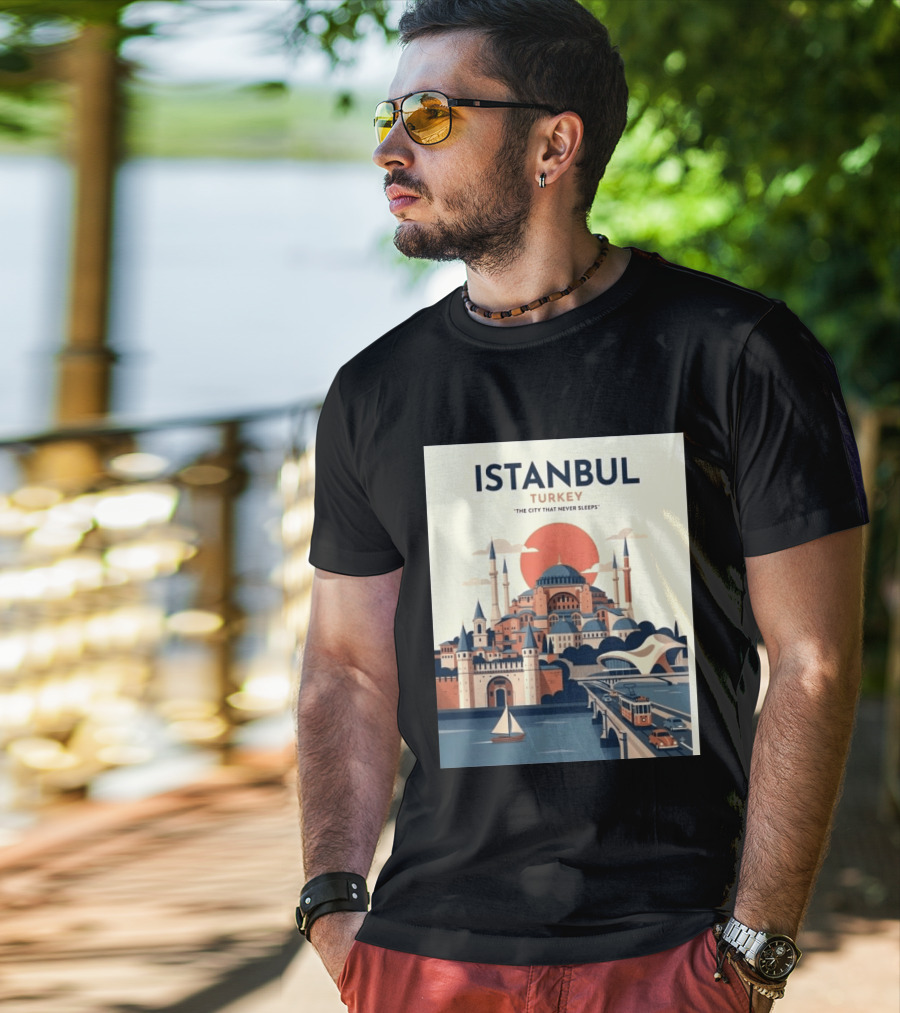 Istanbul Turkey The City That Never Sleeps Iconic Landmarks Urban Skyline Retro Style Scenic Tram And Sailboat T-Shirt