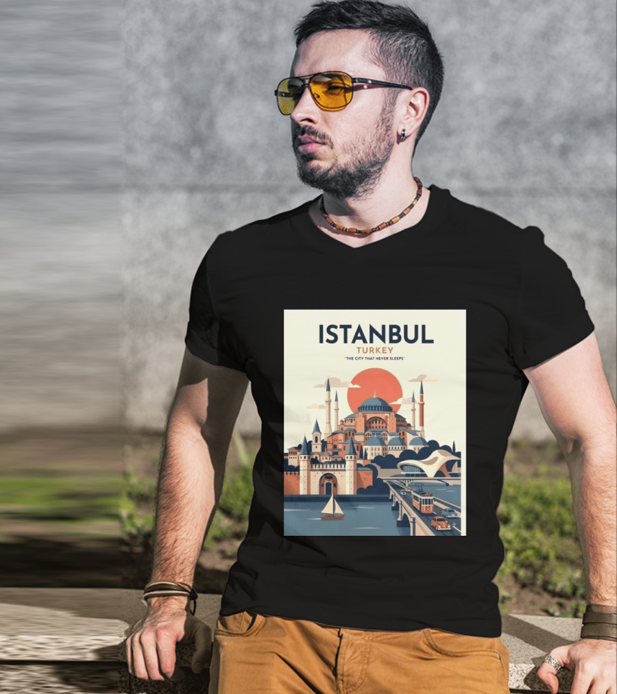 Istanbul Turkey The City That Never Sleeps Iconic Landmarks Urban Skyline Retro Style Scenic Tram And Sailboat T-Shirt