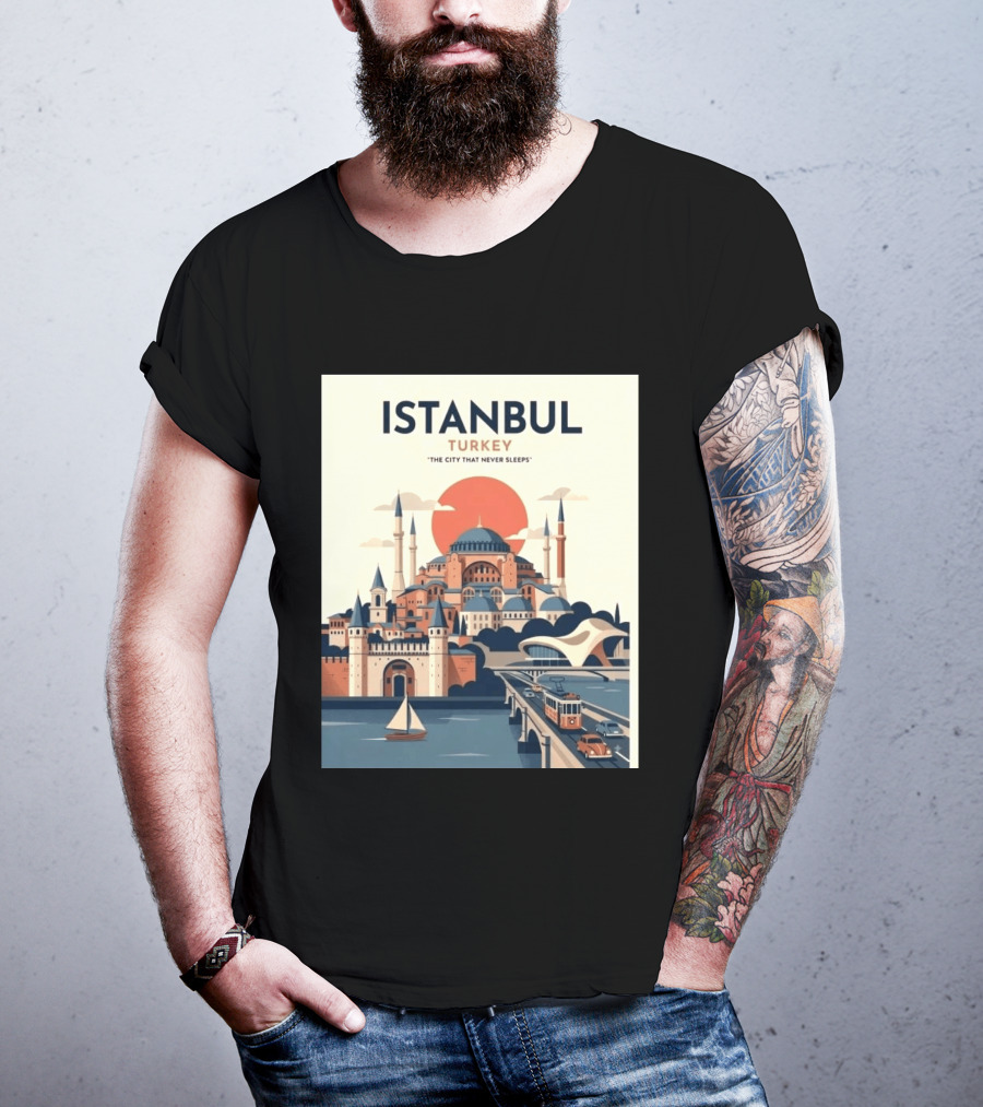 Istanbul Turkey The City That Never Sleeps Iconic Landmarks Urban Skyline Retro Style Scenic Tram And Sailboat T-Shirt