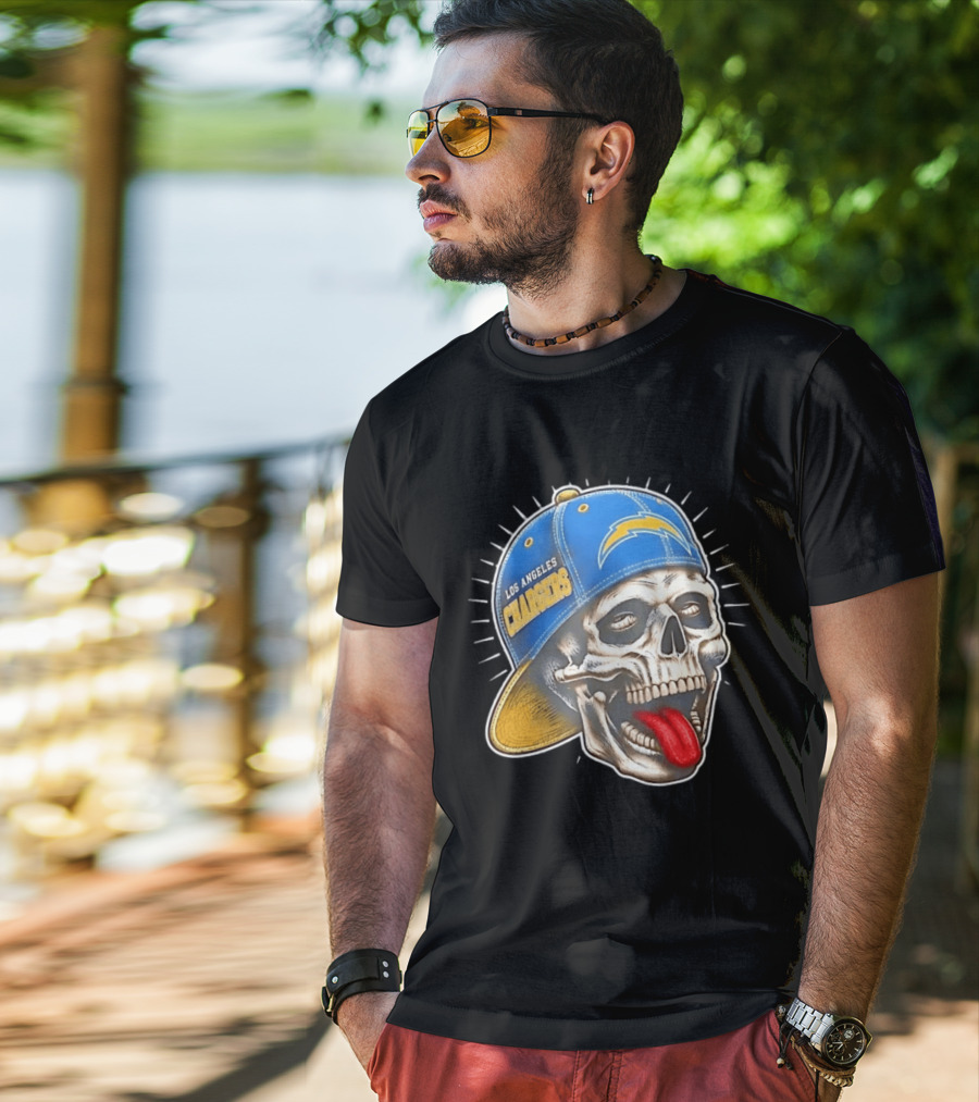 Los Angeles Chargers Skull Tongue Out Cap Football T-Shirt