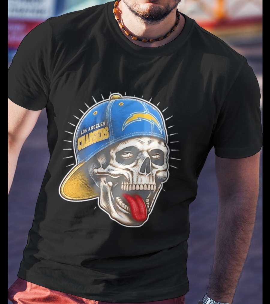 Los Angeles Chargers Skull Tongue Out Cap Football T-Shirt