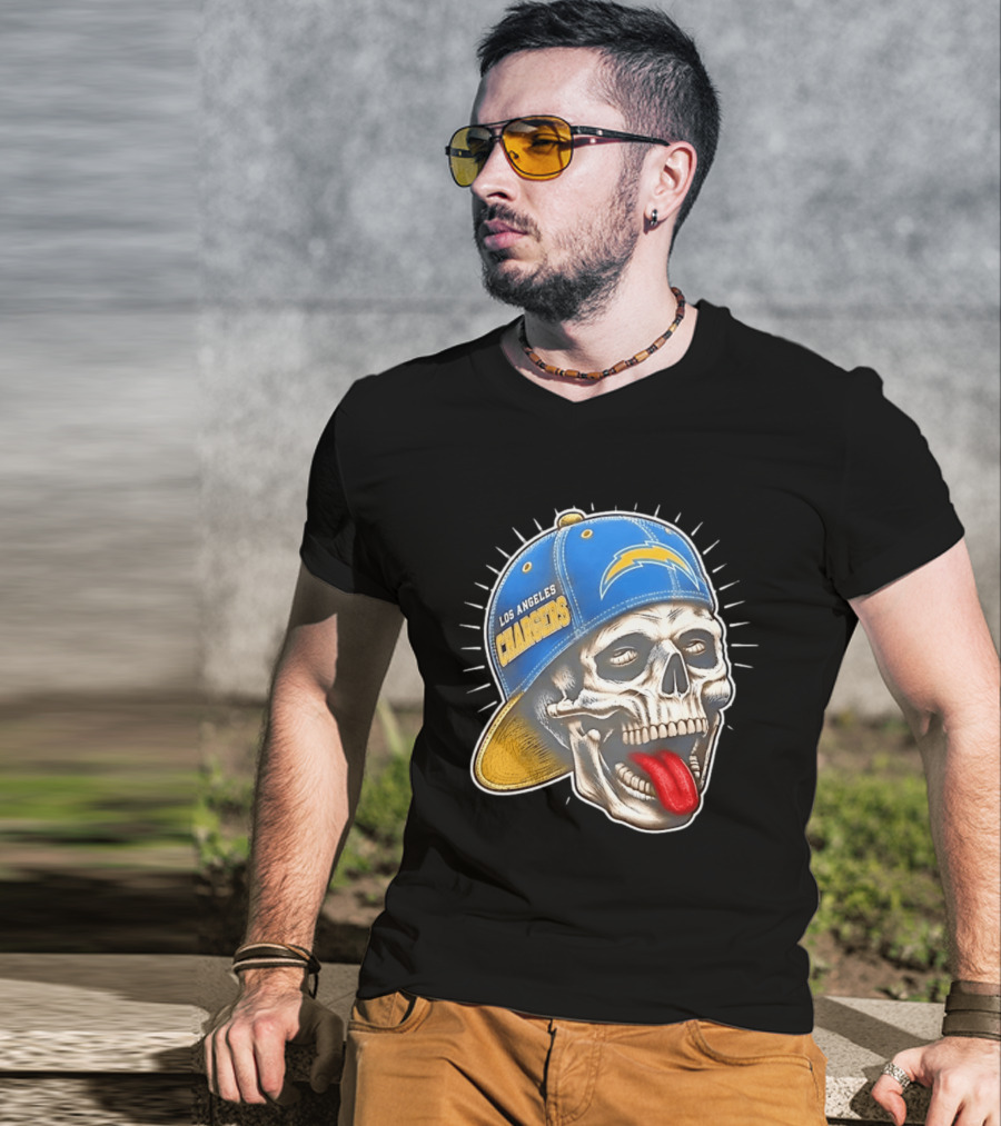 Los Angeles Chargers Skull Tongue Out Cap Football T-Shirt