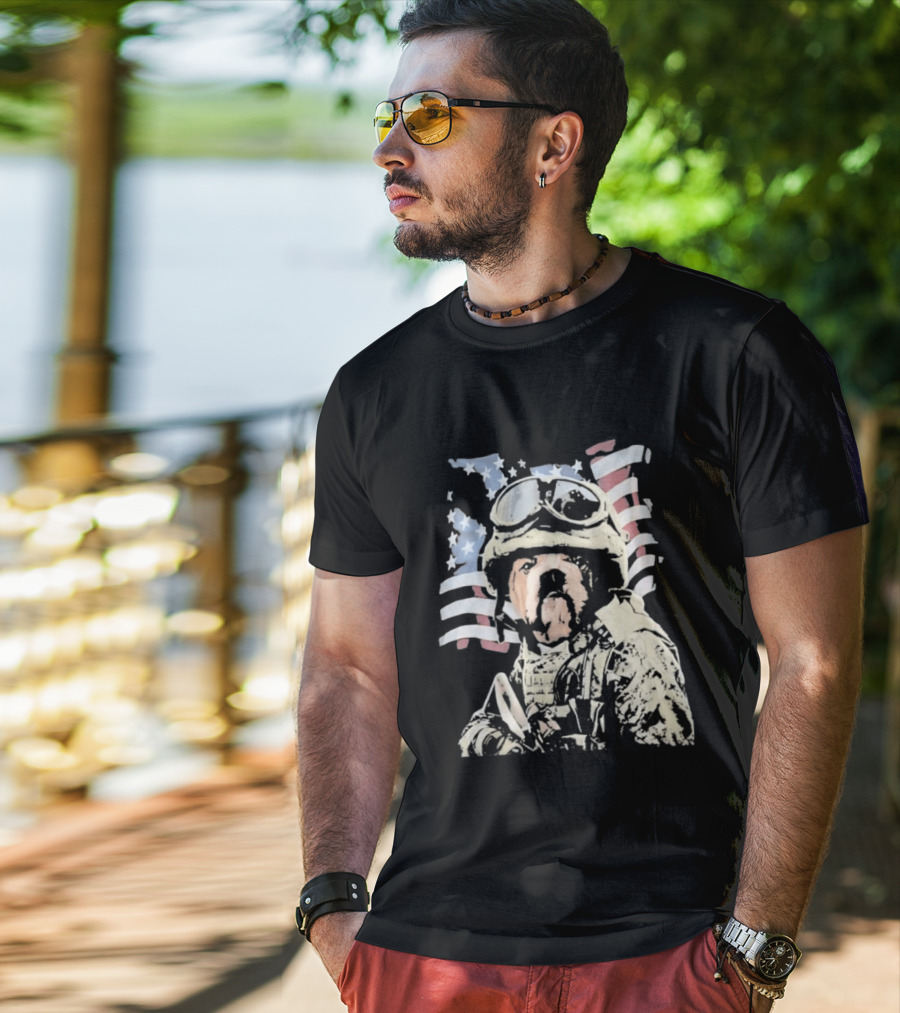 American Bulldog Soldier With United States Flag Goggles And Military Gear T-Shirt