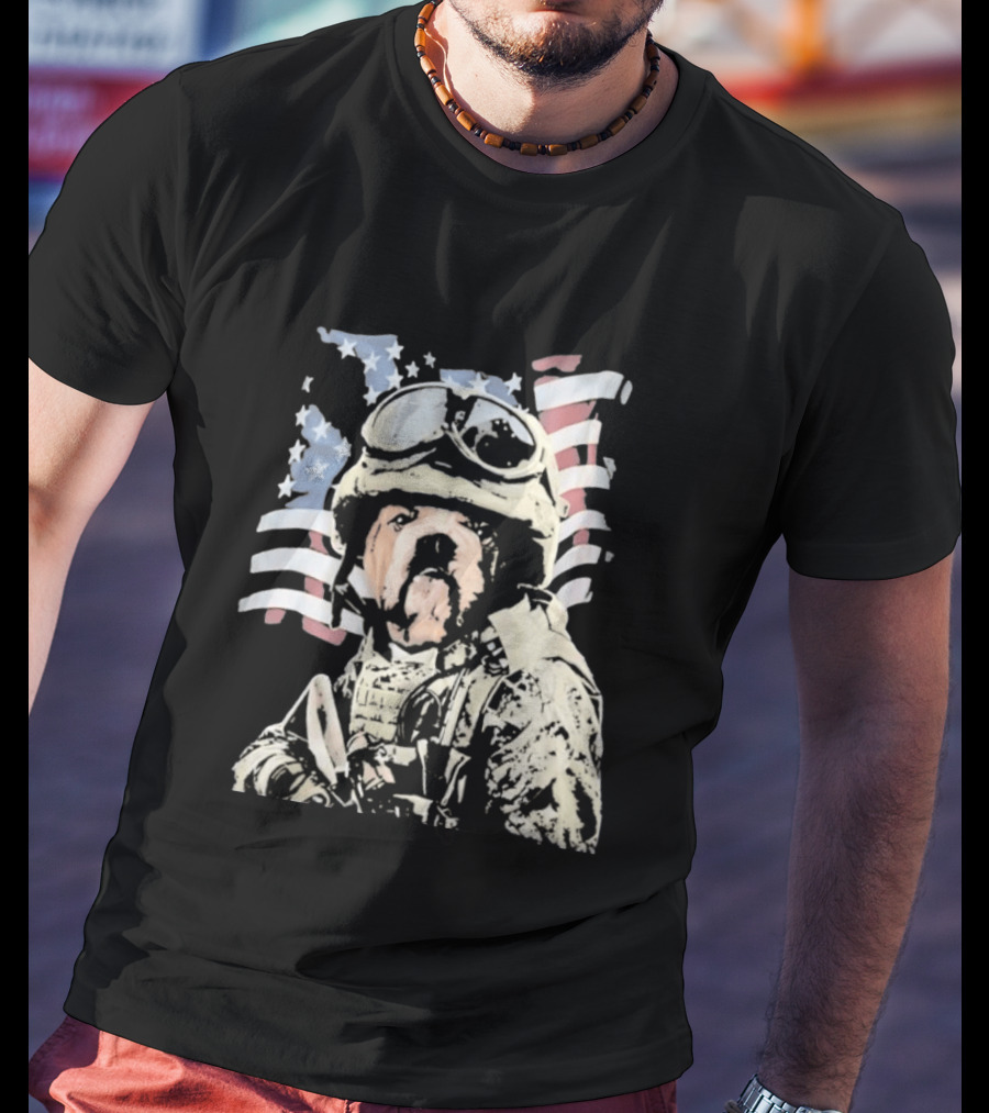 American Bulldog Soldier With United States Flag Goggles And Military Gear T-Shirt