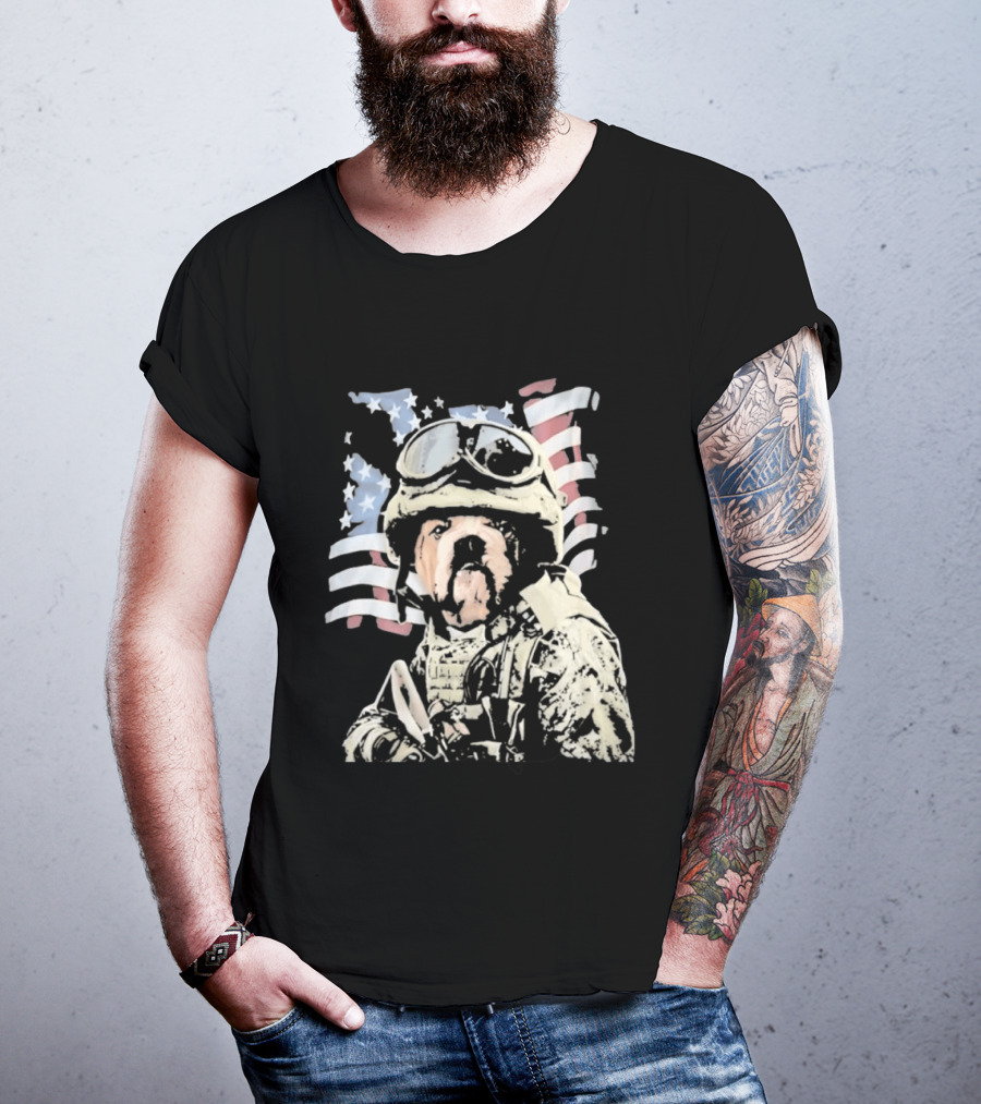 American Bulldog Soldier With United States Flag Goggles And Military Gear T-Shirt