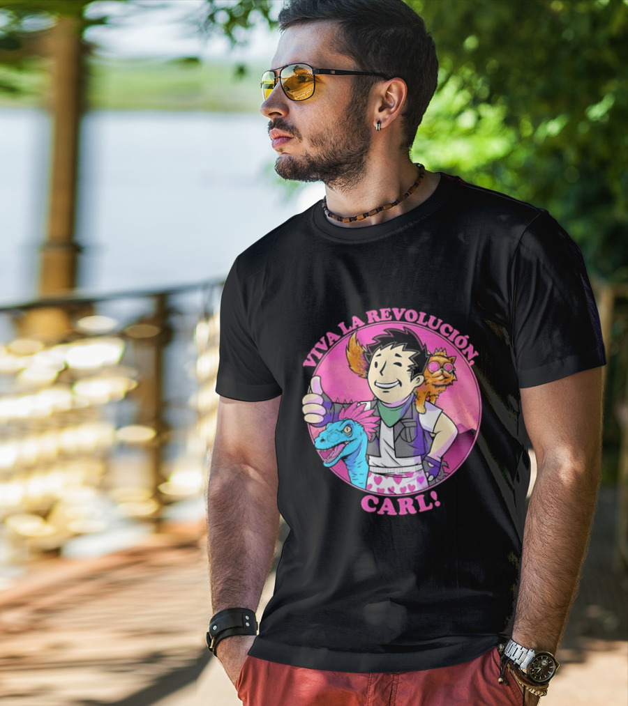 Viva La Revolución Carl Fallout Vault Boy Dinosaur Cat T-Shirt