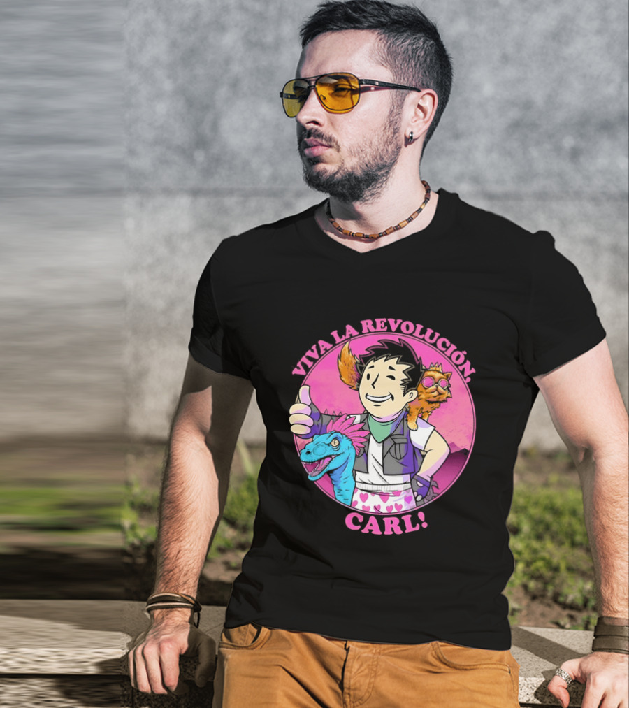 Viva La Revolución Carl Fallout Vault Boy Dinosaur Cat T-Shirt