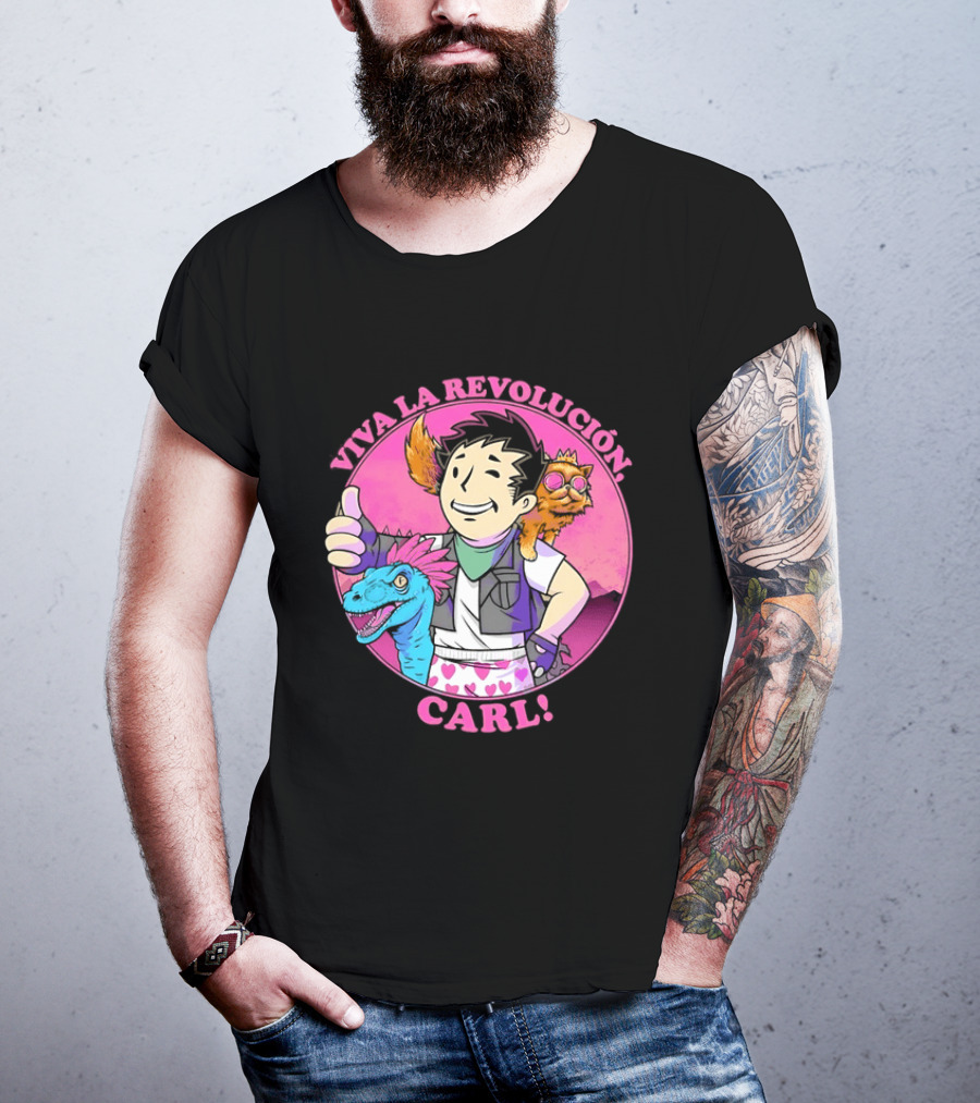 Viva La Revolución Carl Fallout Vault Boy Dinosaur Cat T-Shirt