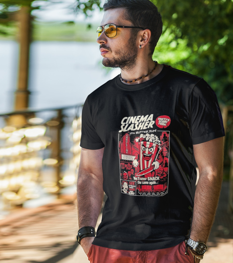 Cinema Slasher You Butter Run Knott's Scary Farm Popcorn Bucket Of Doom T-Shirt