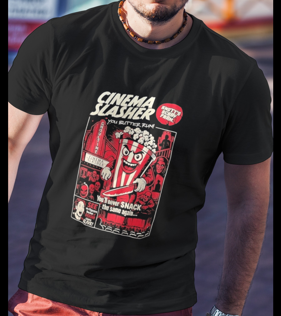Cinema Slasher You Butter Run Knott's Scary Farm Popcorn Bucket Of Doom T-Shirt