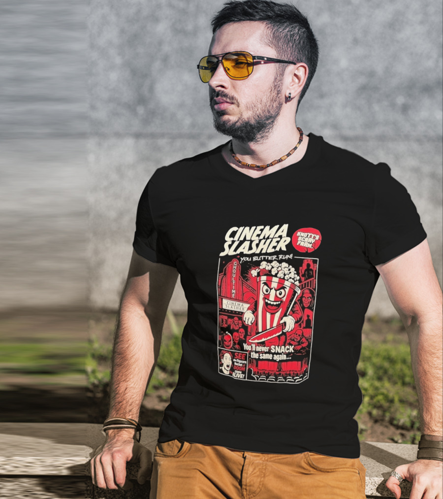 Cinema Slasher You Butter Run Knott's Scary Farm Popcorn Bucket Of Doom T-Shirt