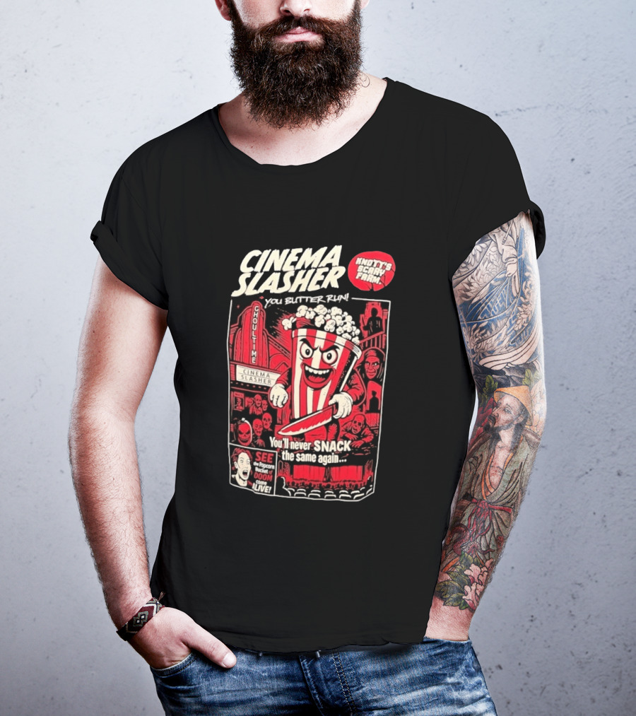 Cinema Slasher You Butter Run Knott's Scary Farm Popcorn Bucket Of Doom T-Shirt