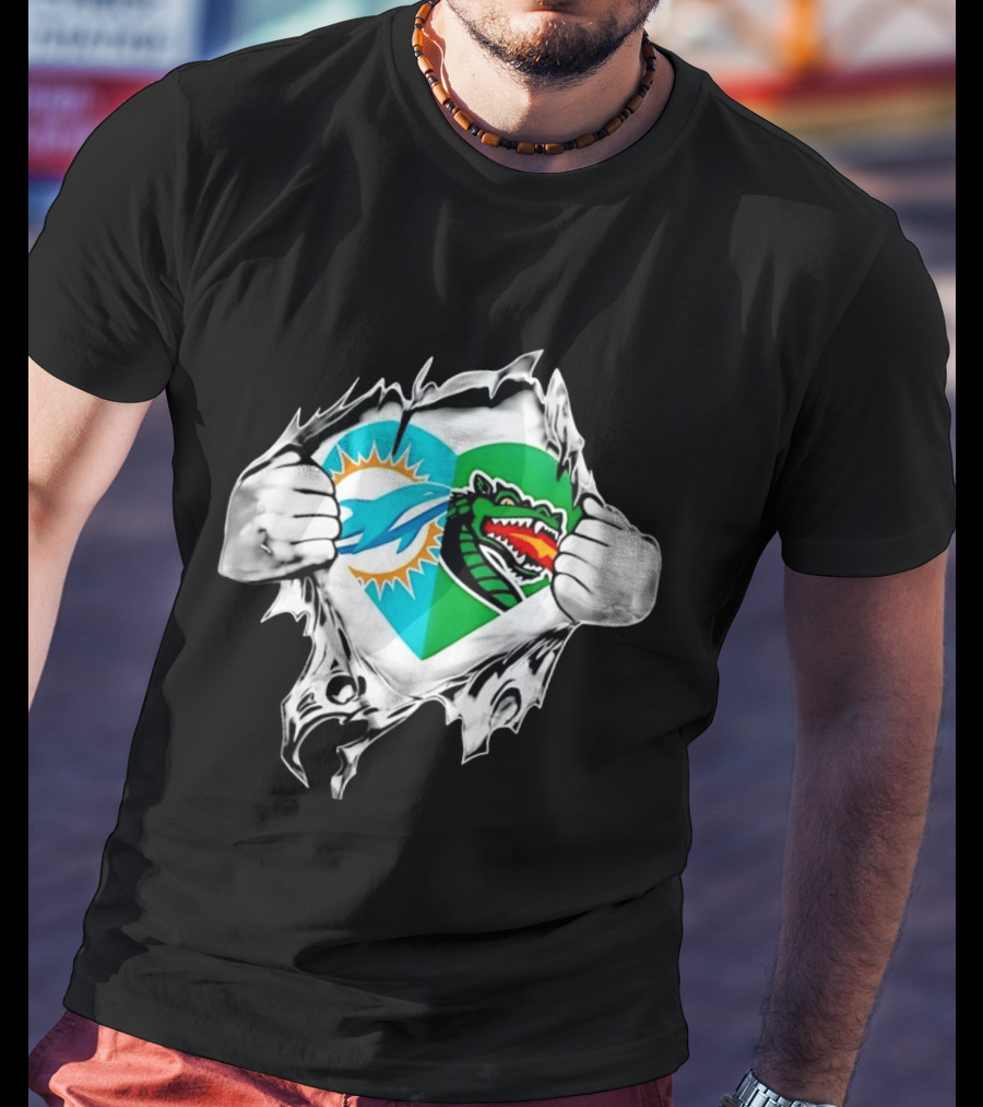 Miami Dolphins UAB Blazers Heart Superman Chest Rip T-Shirt
