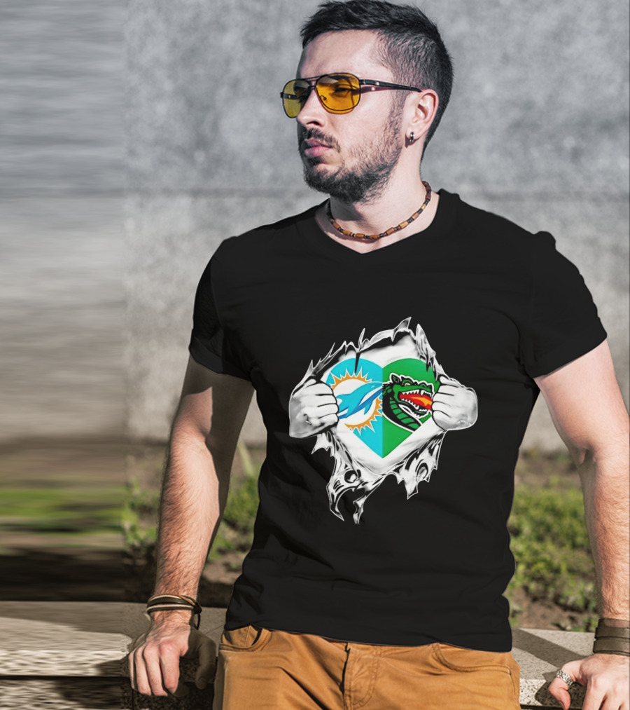 Miami Dolphins UAB Blazers Heart Superman Chest Rip T-Shirt