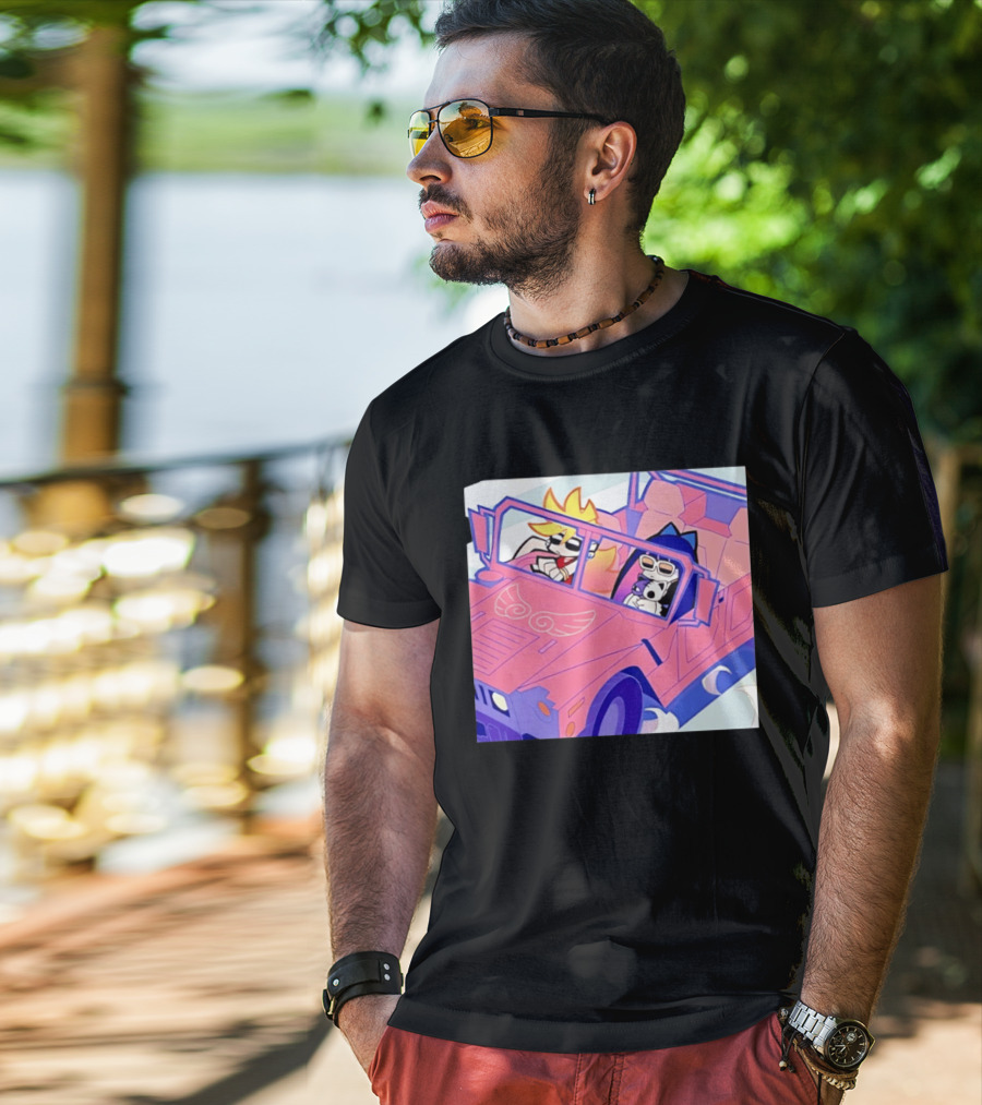 Panty And Stocking With Garterbelt Anime Characters Riding In Pink Car T-Shirt