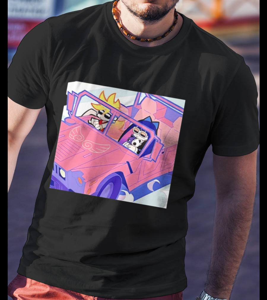 Panty And Stocking With Garterbelt Anime Characters Riding In Pink Car T-Shirt