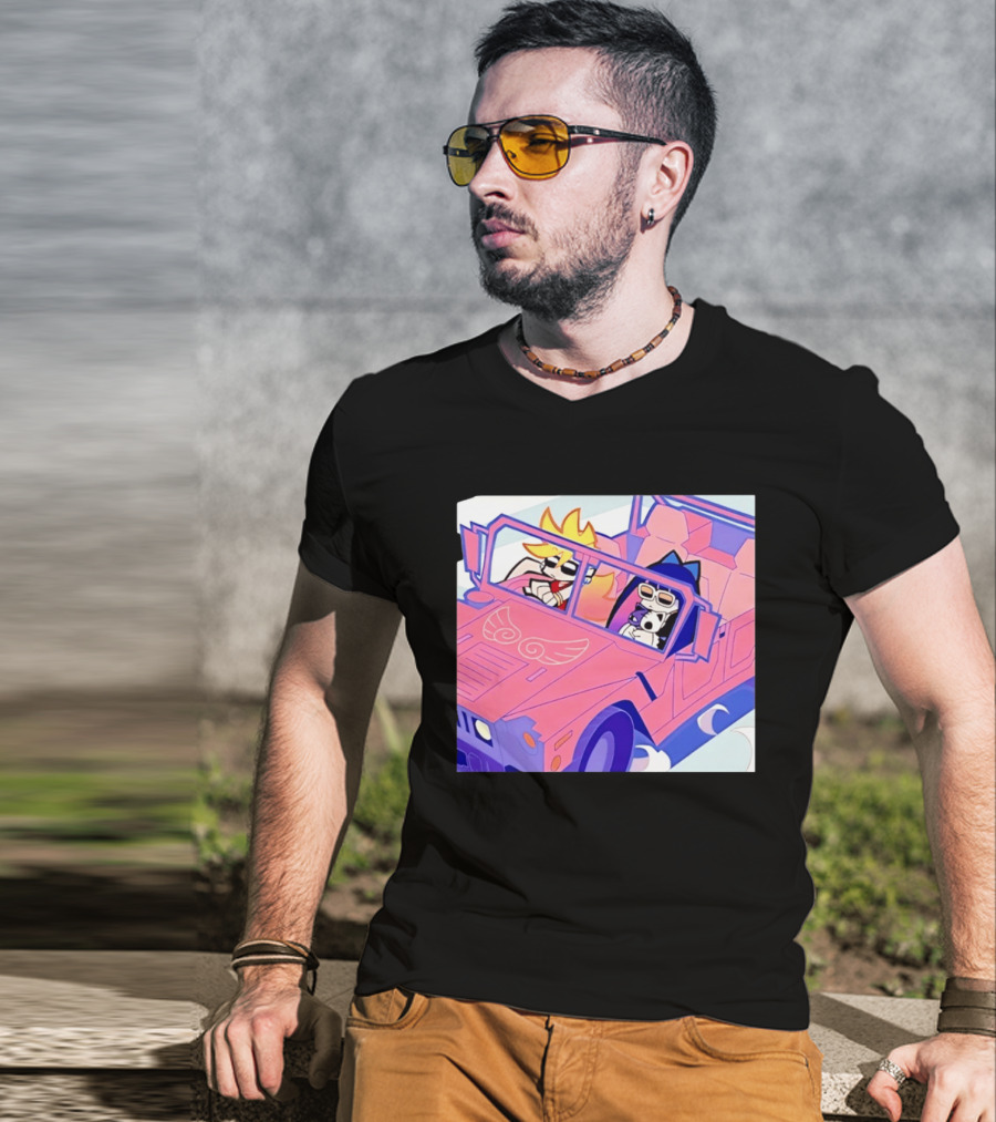 Panty And Stocking With Garterbelt Anime Characters Riding In Pink Car T-Shirt