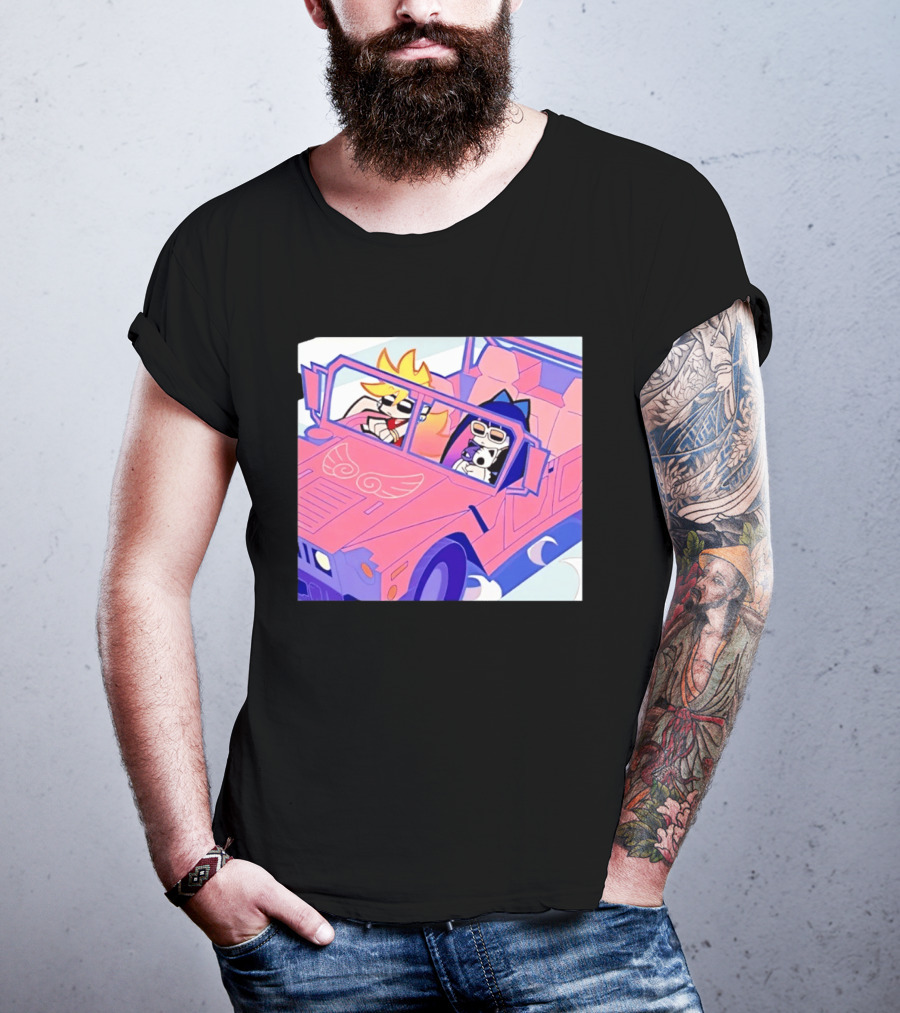 Panty And Stocking With Garterbelt Anime Characters Riding In Pink Car T-Shirt