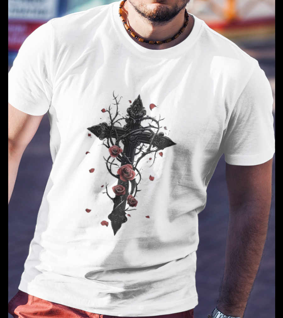 Gothic Cross Red Roses Thorns Religious Symbol Roses T-Shirt