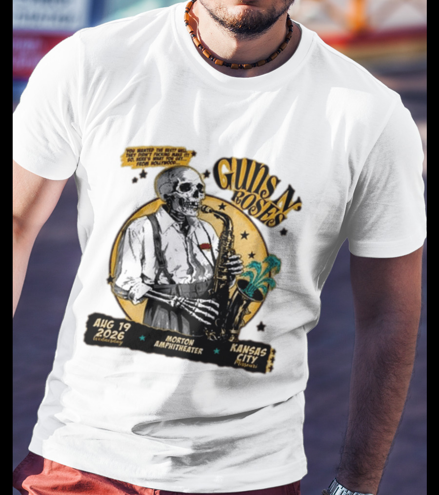 Guns N' Roses Aug 19 2026 Morton Amphitheater Kansas City Skeleton Saxophone T-Shirt