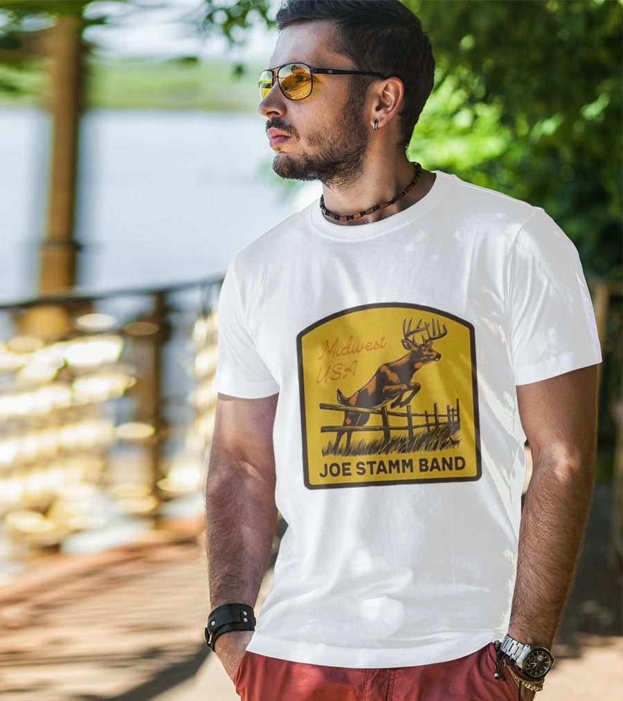 Joe Stamm Band Midwest USA Deer Jumping Fence Over Farm Field T-Shirt