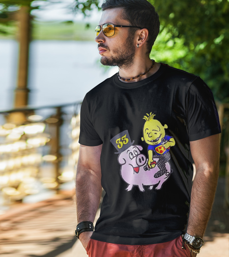 33 Cartoon Boy Yellow Hair Riding Pink Pig Black Top Hat H Hero T-Shirt