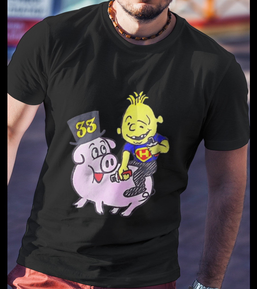 33 Cartoon Boy Yellow Hair Riding Pink Pig Black Top Hat H Hero T-Shirt
