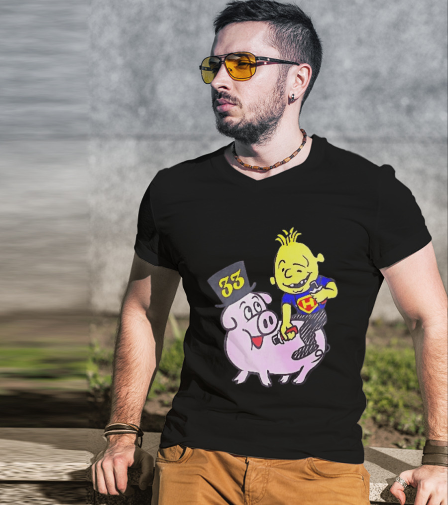 33 Cartoon Boy Yellow Hair Riding Pink Pig Black Top Hat H Hero T-Shirt