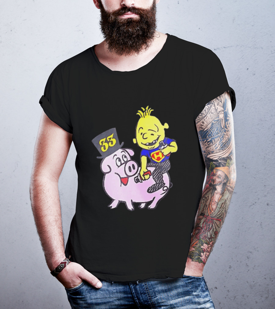 33 Cartoon Boy Yellow Hair Riding Pink Pig Black Top Hat H Hero T-Shirt