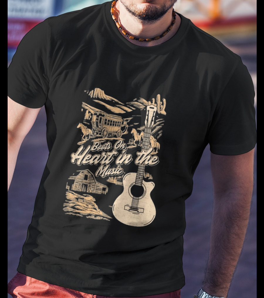 Boots On Heart In The Music Acoustic Guitar Cowboy Stagecoach Barn Scene T-Shirt
