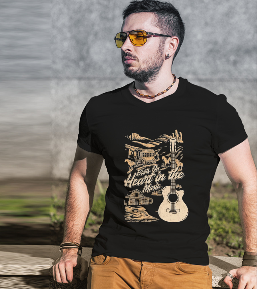 Boots On Heart In The Music Acoustic Guitar Cowboy Stagecoach Barn Scene T-Shirt
