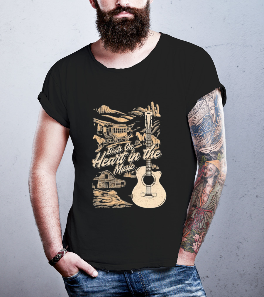 Boots On Heart In The Music Acoustic Guitar Cowboy Stagecoach Barn Scene T-Shirt
