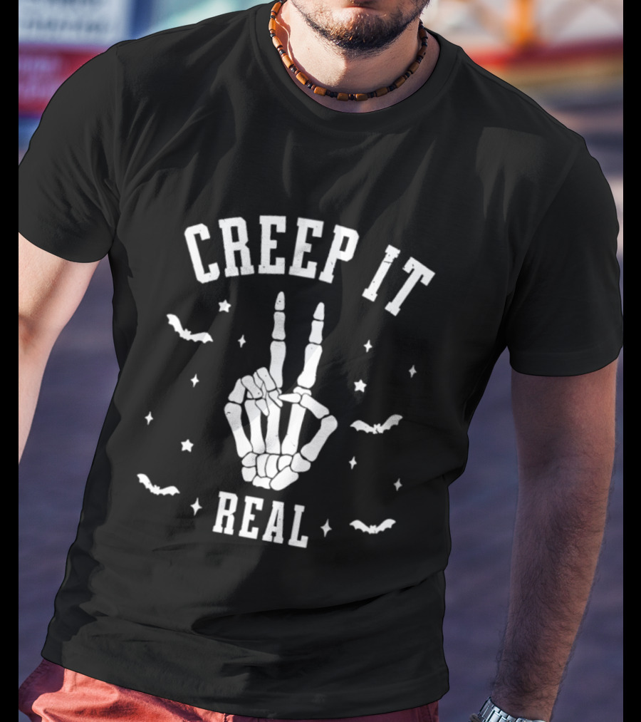 Creep It Real Skeleton Hand Peace Sign Halloween Bats Stars T-Shirt