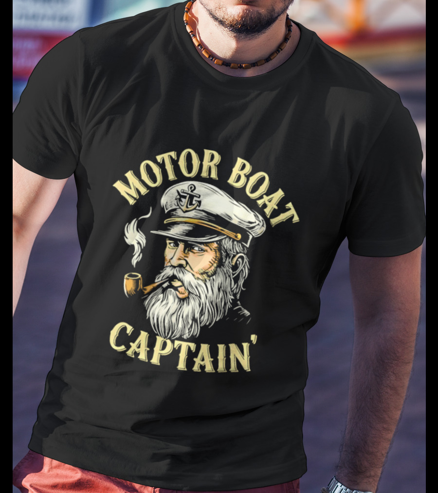 Motor Boat Captain Nautical Sea Sailor Pipe Smoking Beard T-Shirt
